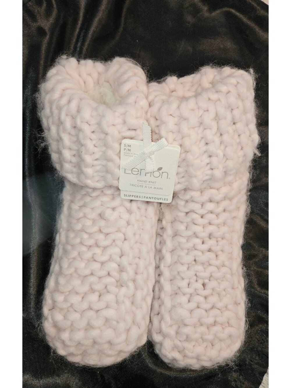 Lemon Pink Hand Knit Fuzzy Cozy Women Slippers Size S/M US Shoe 5-7